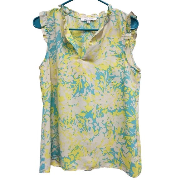 Rose & Olive Tops - Rose & Olive Womens Blouse Top Medium Yellow Blue Floral Ruffle Sleeveless BOHO